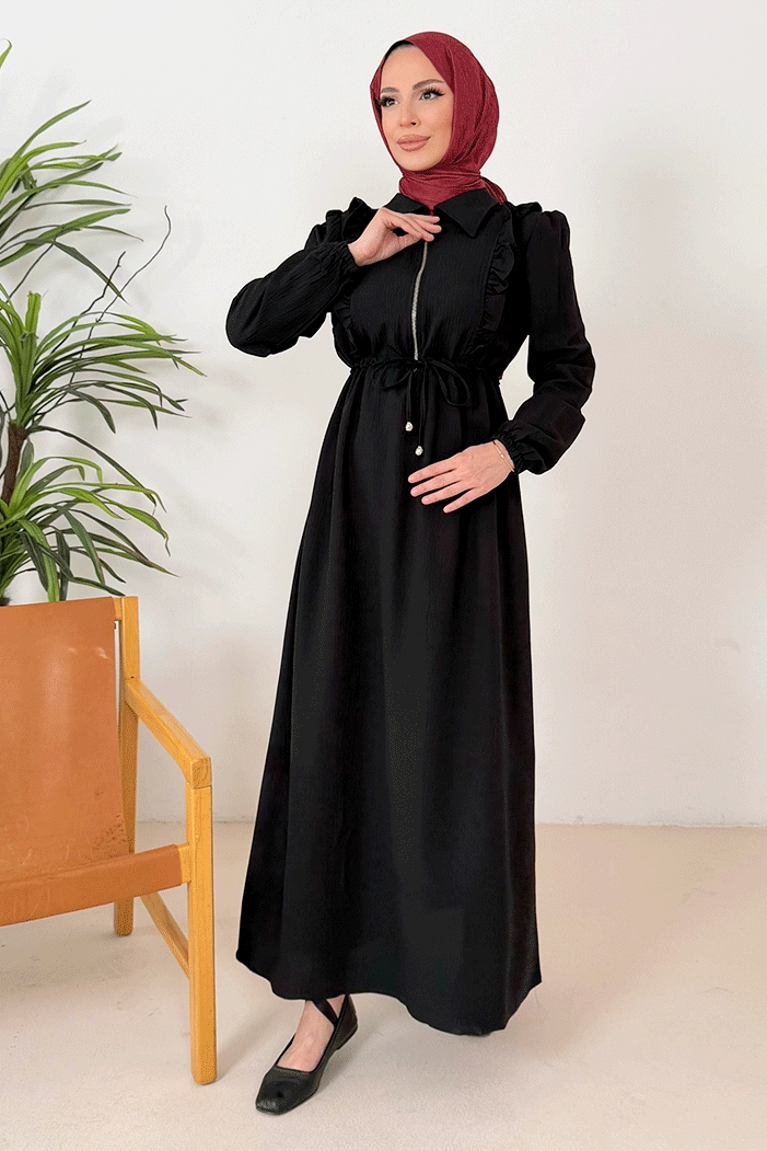 Ansel Fırfırlı Elbise 1368 - Siyah