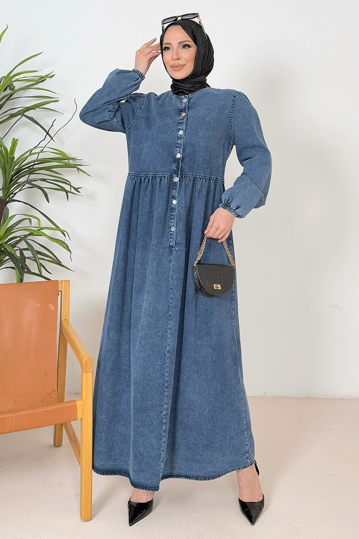 Anter Düğmeli Kot Elbise 1389 - Mavi