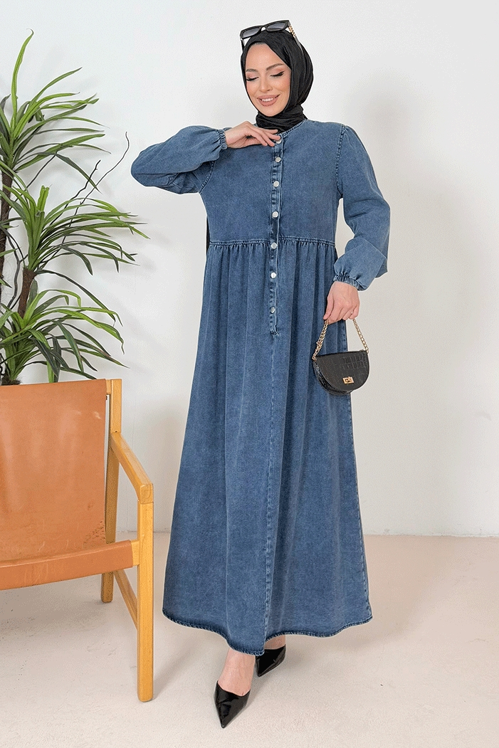 Anter Düğmeli Kot Elbise 1389 - Mavi