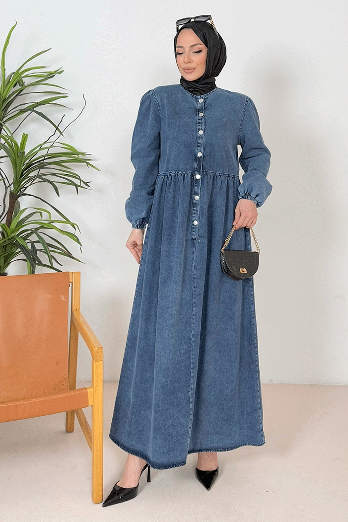 Anter Düğmeli Kot Elbise 1389 - Mavi