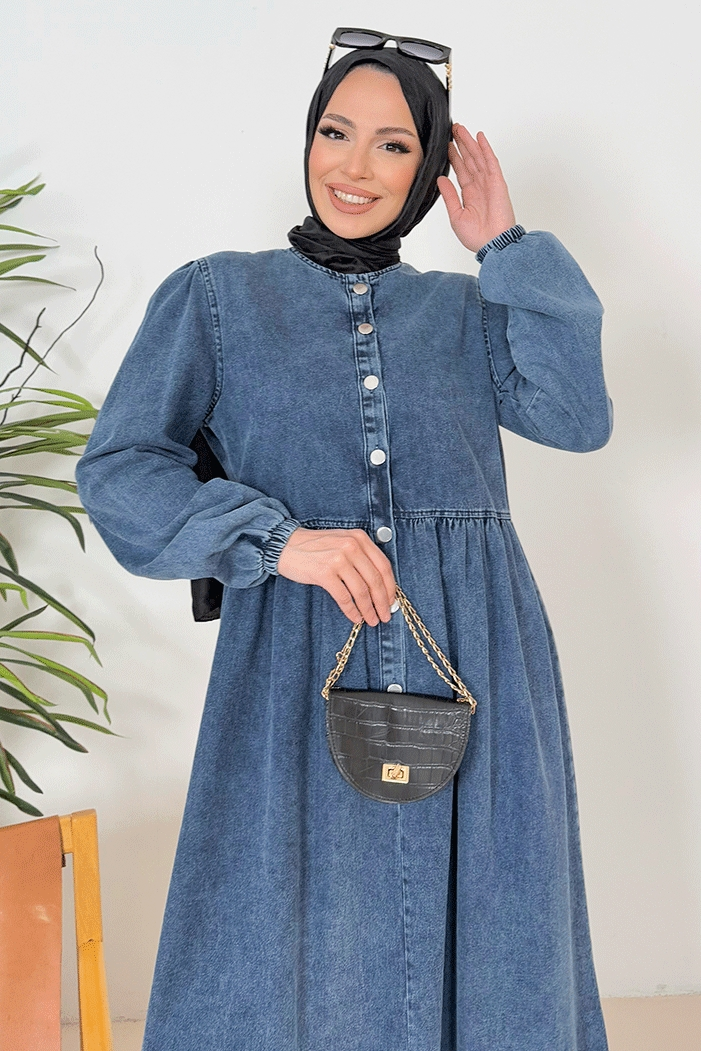 Anter Düğmeli Kot Elbise 1389 - Mavi