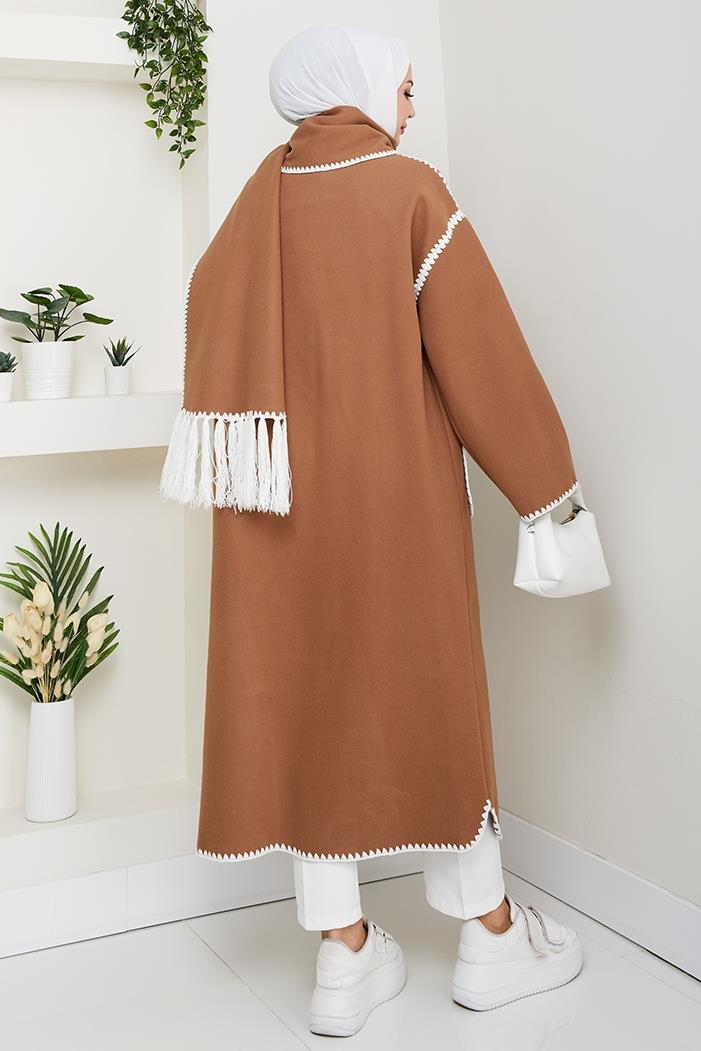 Arlin Atkılı Kaşe Uzun Ceket 1591 - Açık Kahve