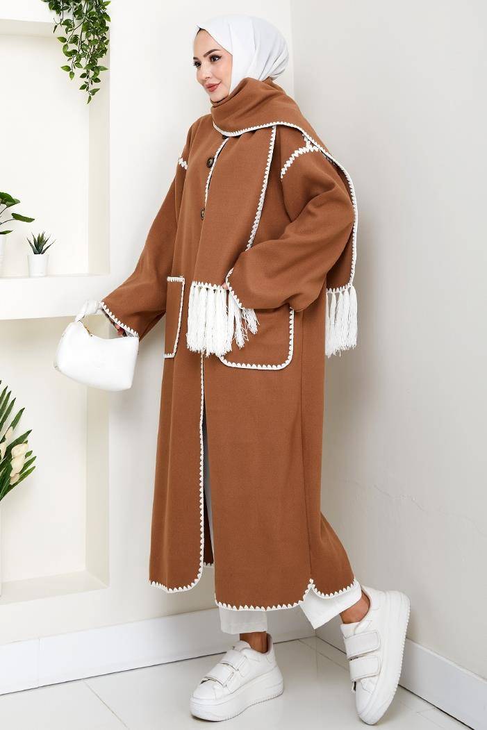 Arlin Atkılı Kaşe Uzun Ceket 1591 - Açık Kahve