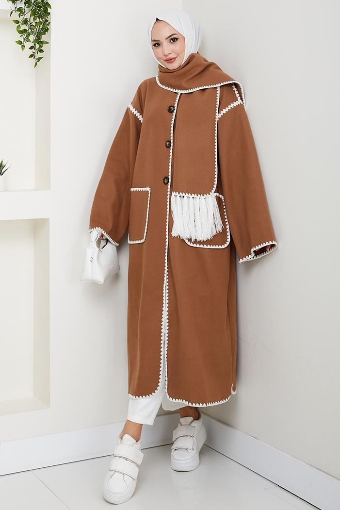 Arlin Atkılı Kaşe Uzun Ceket 1591 - Açık Kahve