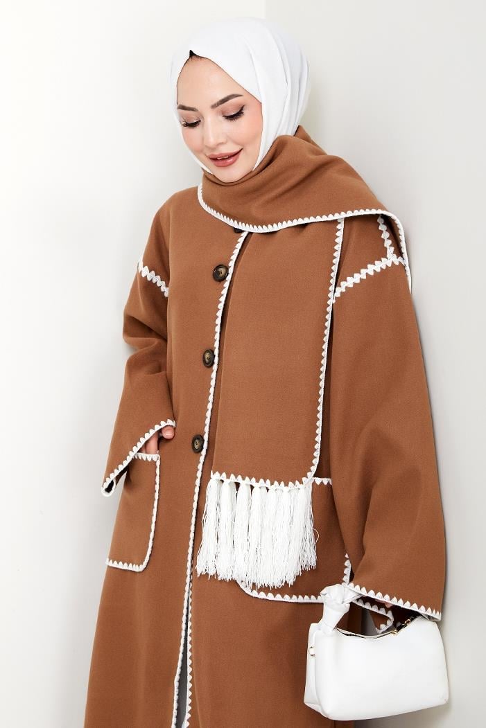 Arlin Atkılı Kaşe Uzun Ceket 1591 - Açık Kahve
