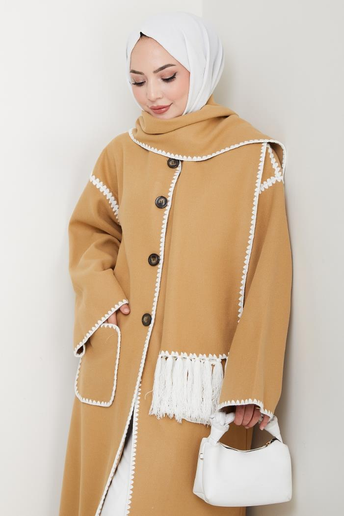 Arlin Atkılı Kaşe Uzun Ceket 1591 - Vizon