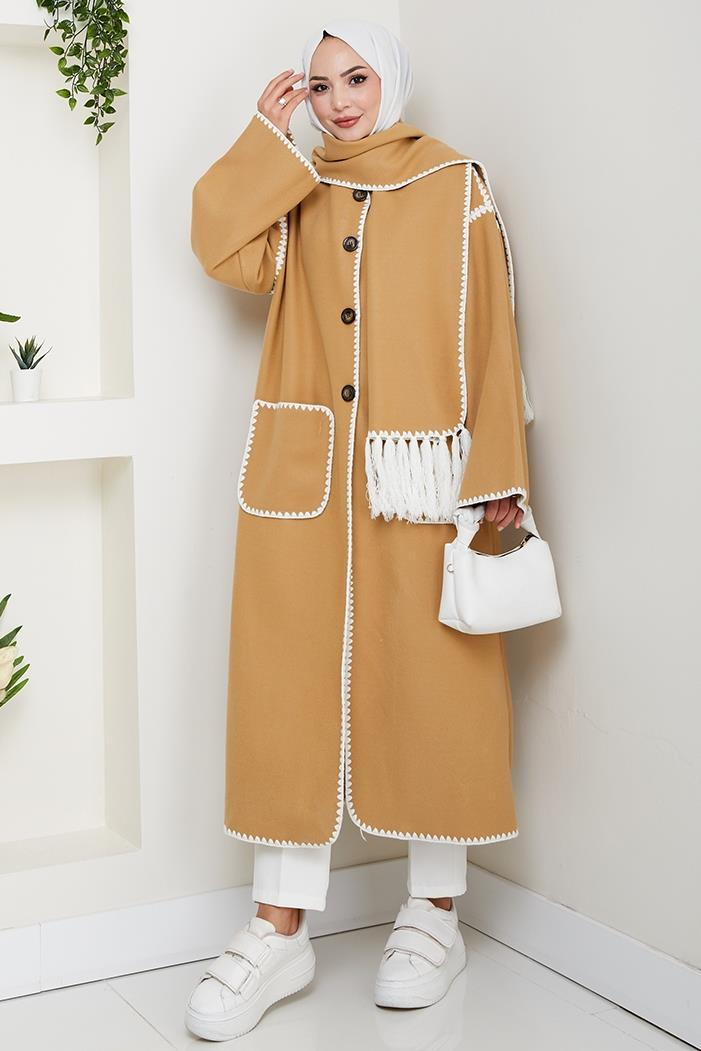 Arlin Atkılı Kaşe Uzun Ceket 1591 - Vizon