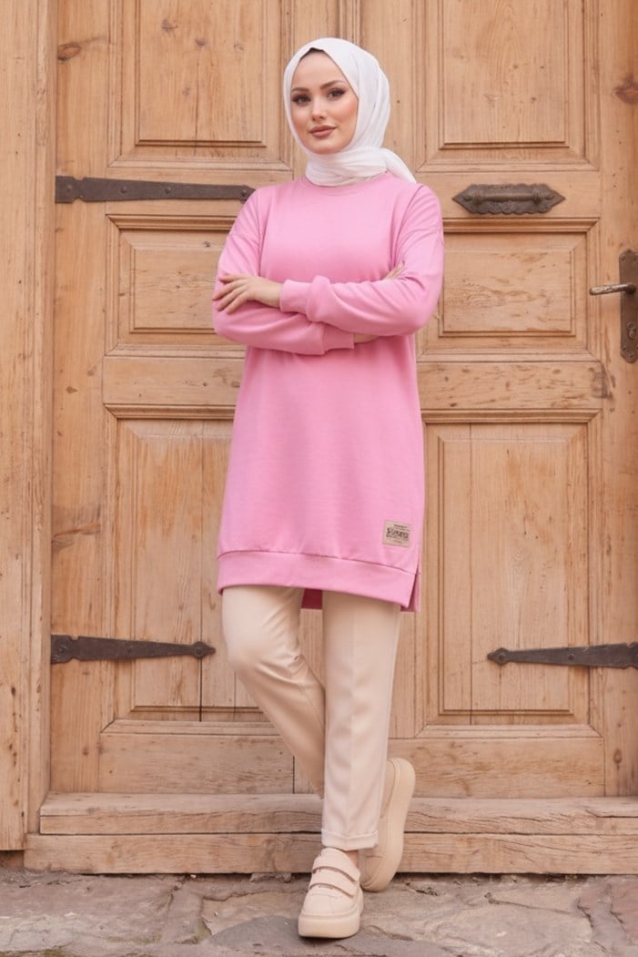 Armalı Yırtmaç Detay Tunik 1665 - Pembe