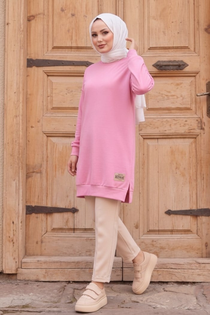 Armalı Yırtmaç Detay Tunik 1665 - Pembe