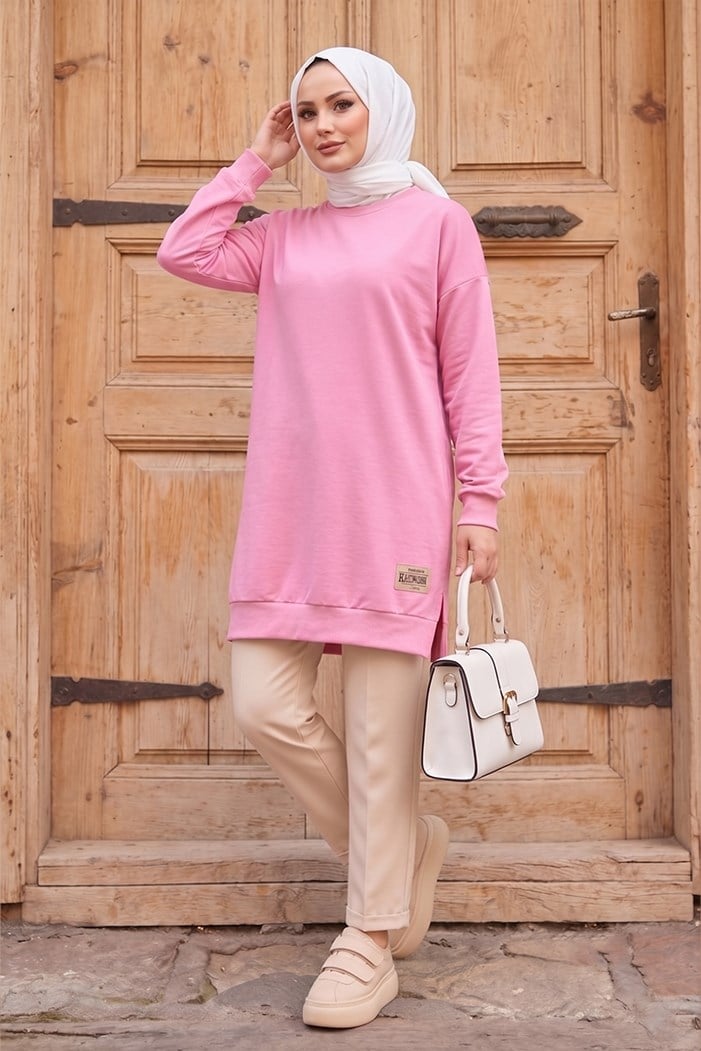 Armalı Yırtmaç Detay Tunik 1665 - Pembe