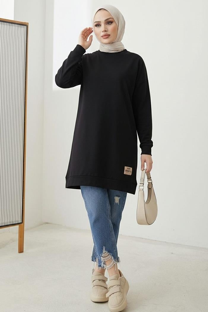 Armalı Yırtmaç Detay Tunik 1665 - Siyah