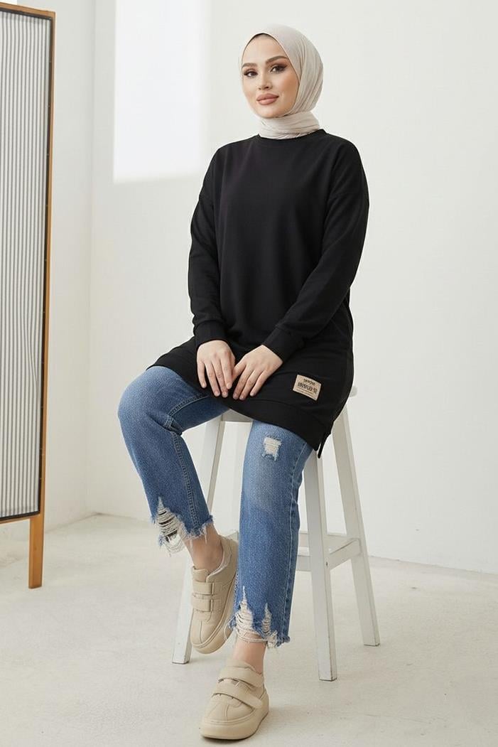 Armalı Yırtmaç Detay Tunik 1665 - Siyah