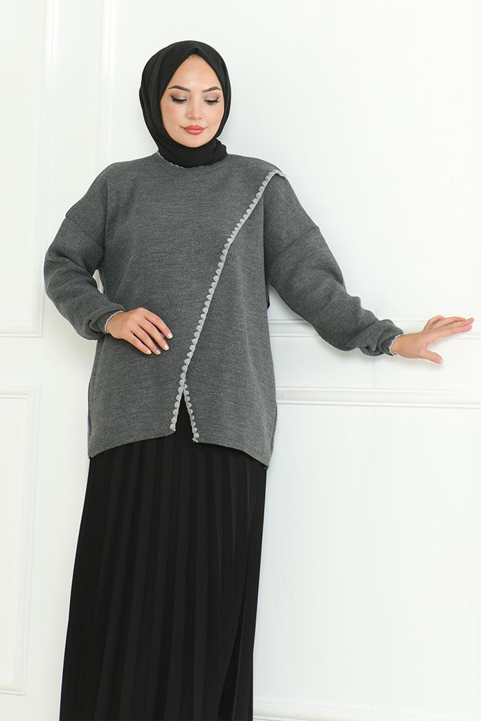 Asimetrik Kesim Triko Kazak 1194- Antrasit
