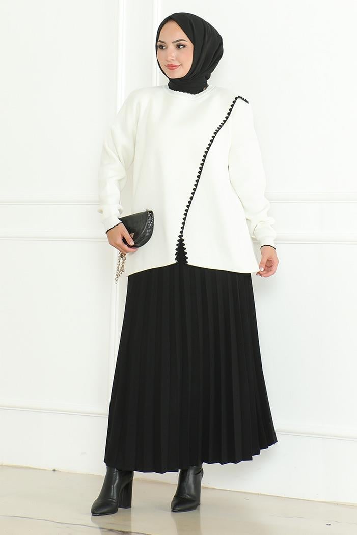 Asimetrik Kesim Triko Kazak 1194- Beyaz