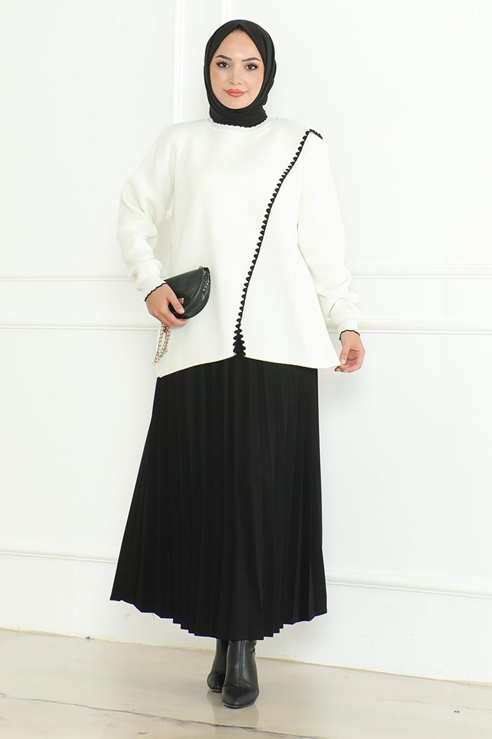 Asimetrik Kesim Triko Kazak 1194- Beyaz