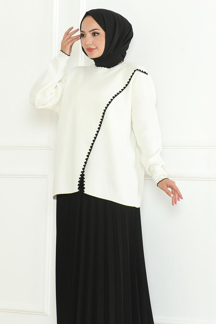 Asimetrik Kesim Triko Kazak 1194- Beyaz