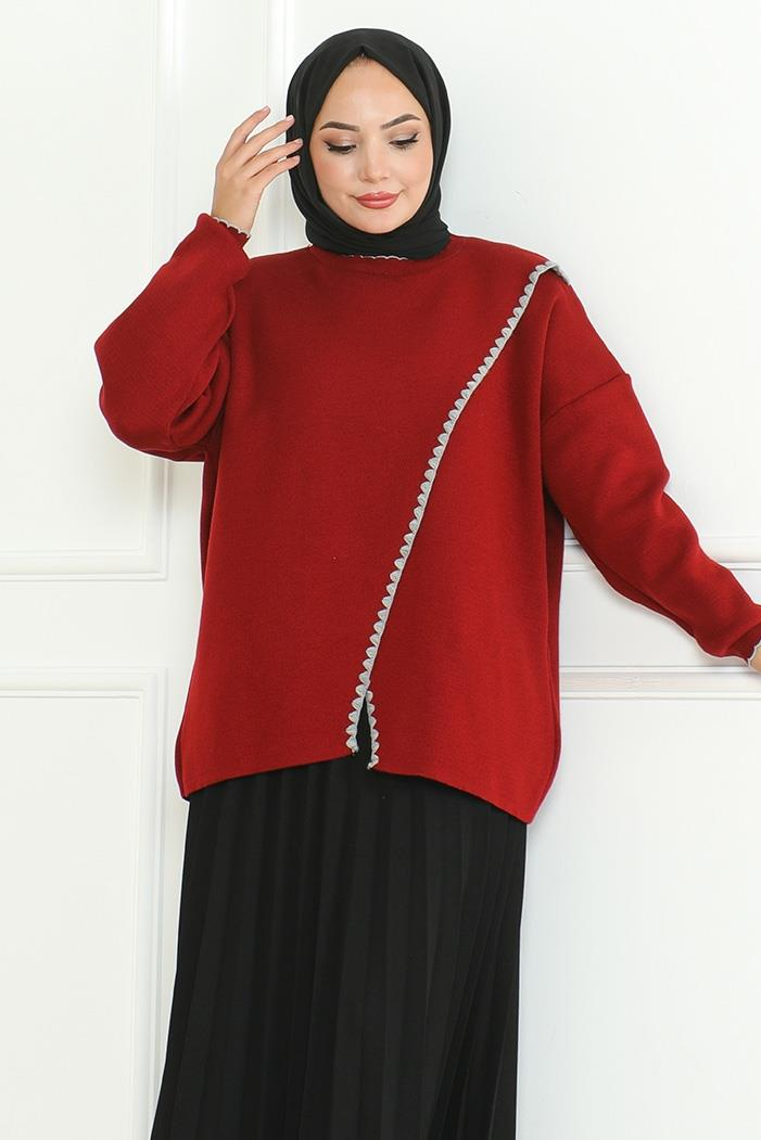 Asimetrik Kesim Triko Kazak 1194- Bordo