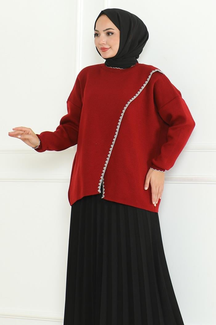Asimetrik Kesim Triko Kazak 1194- Bordo