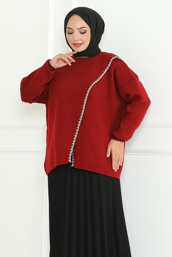 Asimetrik Kesim Triko Kazak 1194- Bordo