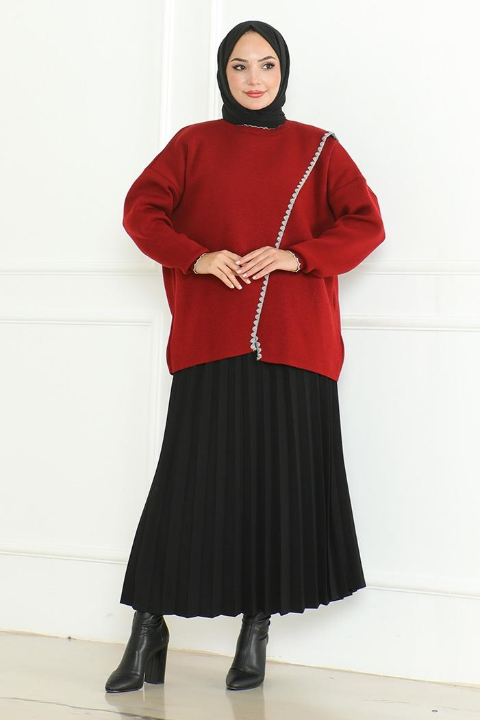 Asimetrik Kesim Triko Kazak 1194- Bordo