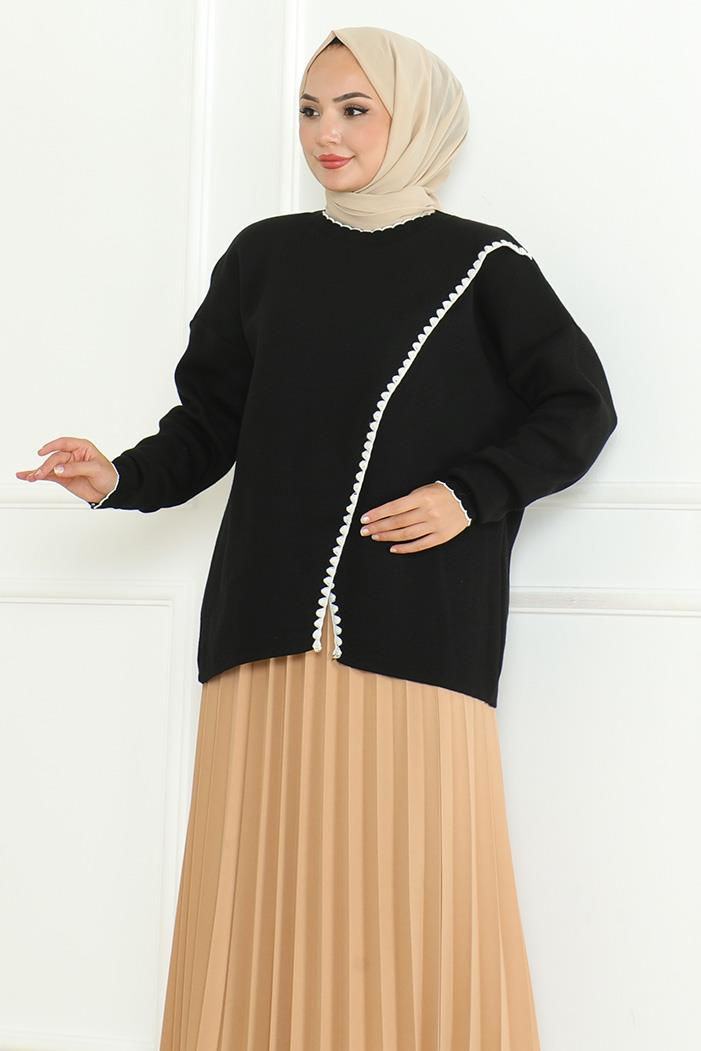 Asimetrik Kesim Triko Kazak 1194- Siyah