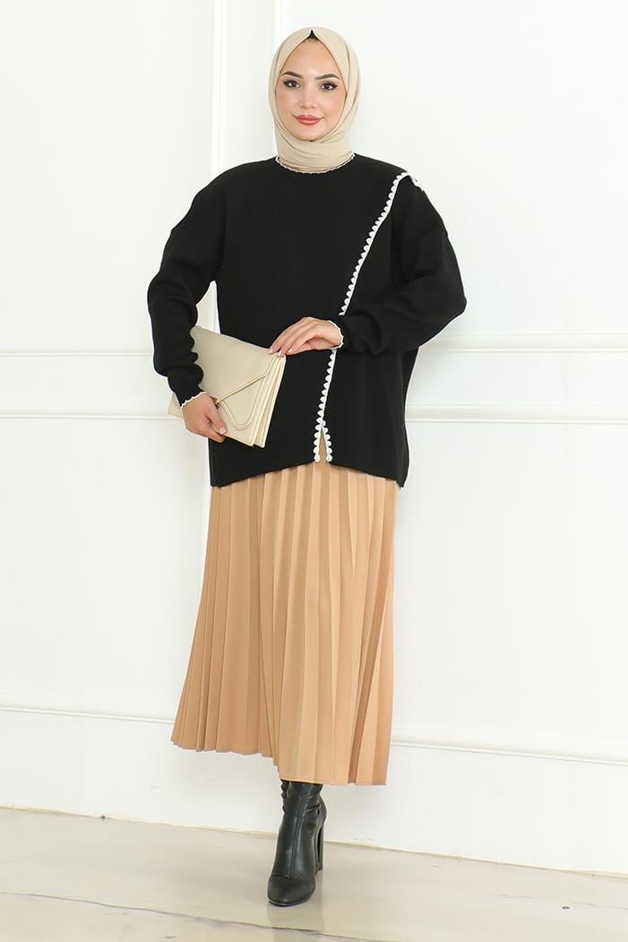 Asimetrik Kesim Triko Kazak 1194- Siyah