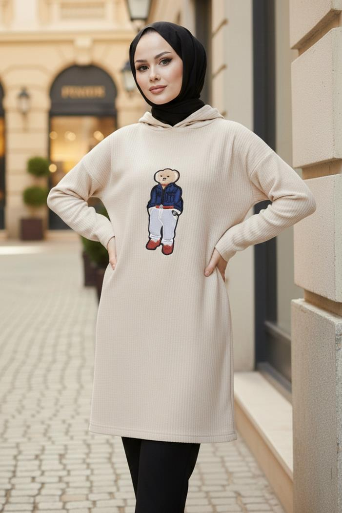 Asiya Oversize Ayı Nakışlı Kapüşonlu Tunik 1335 - Taş