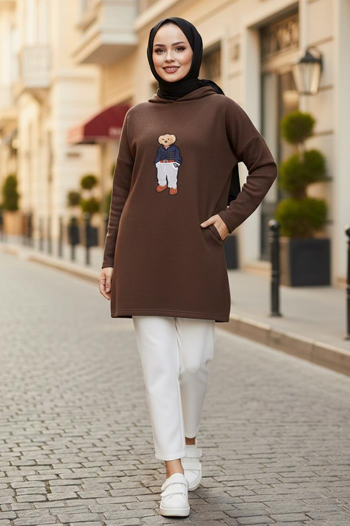 Asiya Oversize Ayı Nakışlı Kapüşonlu Tunik 1335 - Kahve