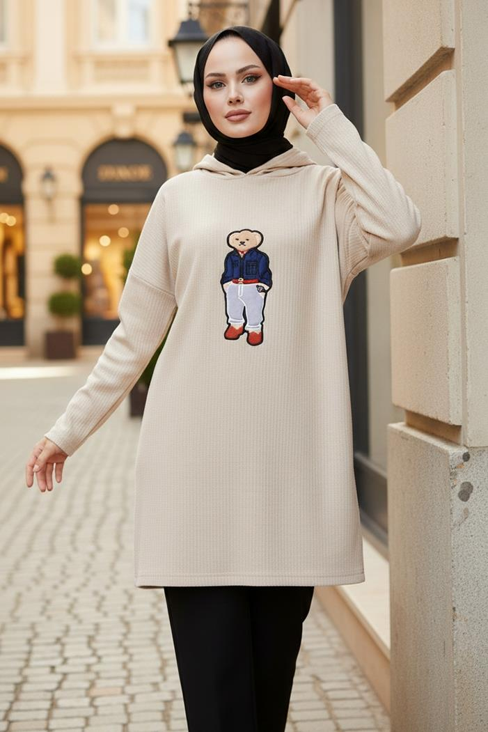 Asiya Oversize Ayı Nakışlı Kapüşonlu Tunik 1335 - Taş