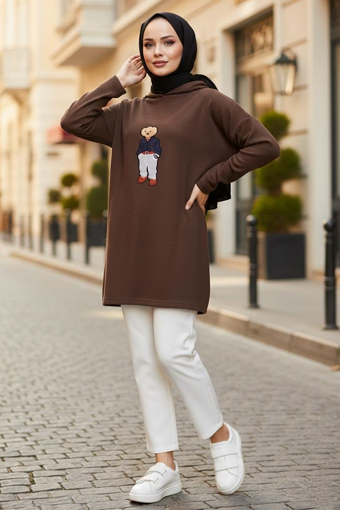 Asiya Oversize Ayı Nakışlı Kapüşonlu Tunik 1335 - Kahve