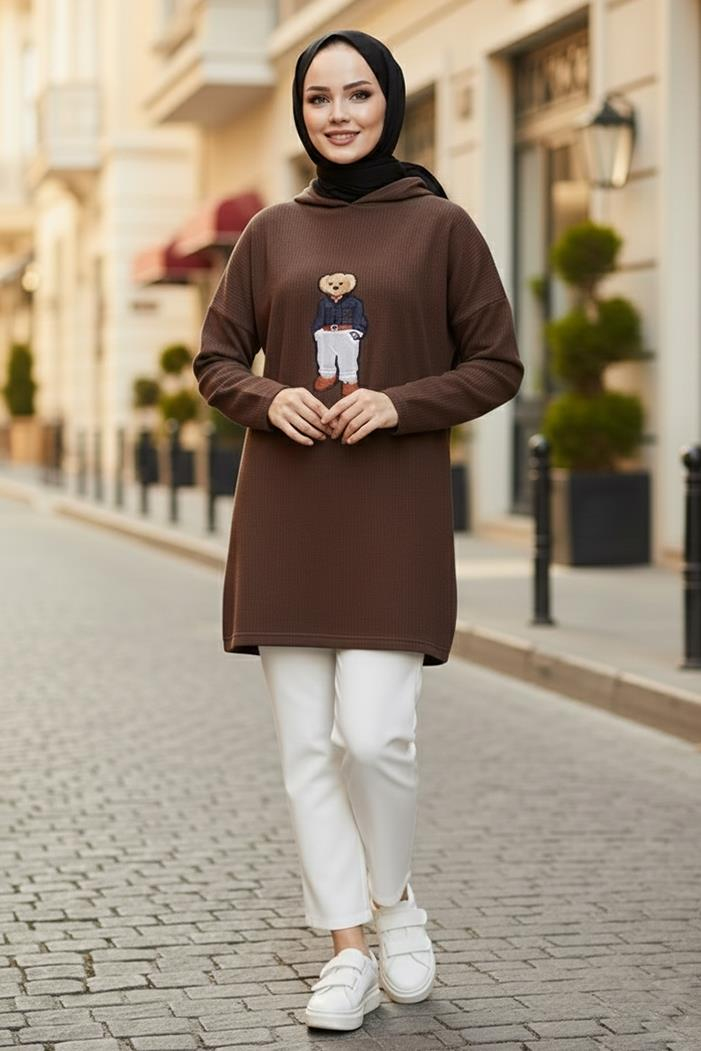 Asiya Oversize Ayı Nakışlı Kapüşonlu Tunik 1335 - Kahve
