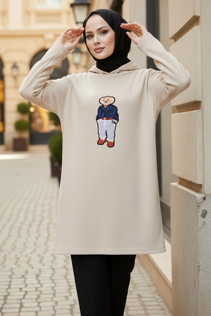 Asiya Oversize Ayı Nakışlı Kapüşonlu Tunik 1335 - Taş