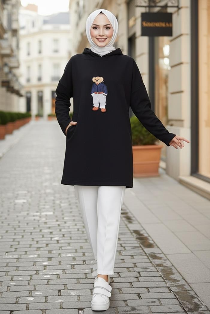 Asiya Oversize Ayı Nakışlı Kapüşonlu Tunik 1335 - Siyah