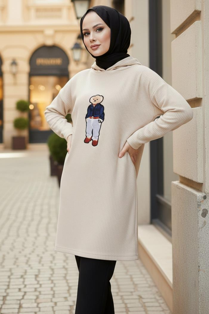 Asiya Oversize Ayı Nakışlı Kapüşonlu Tunik 1335 - Taş