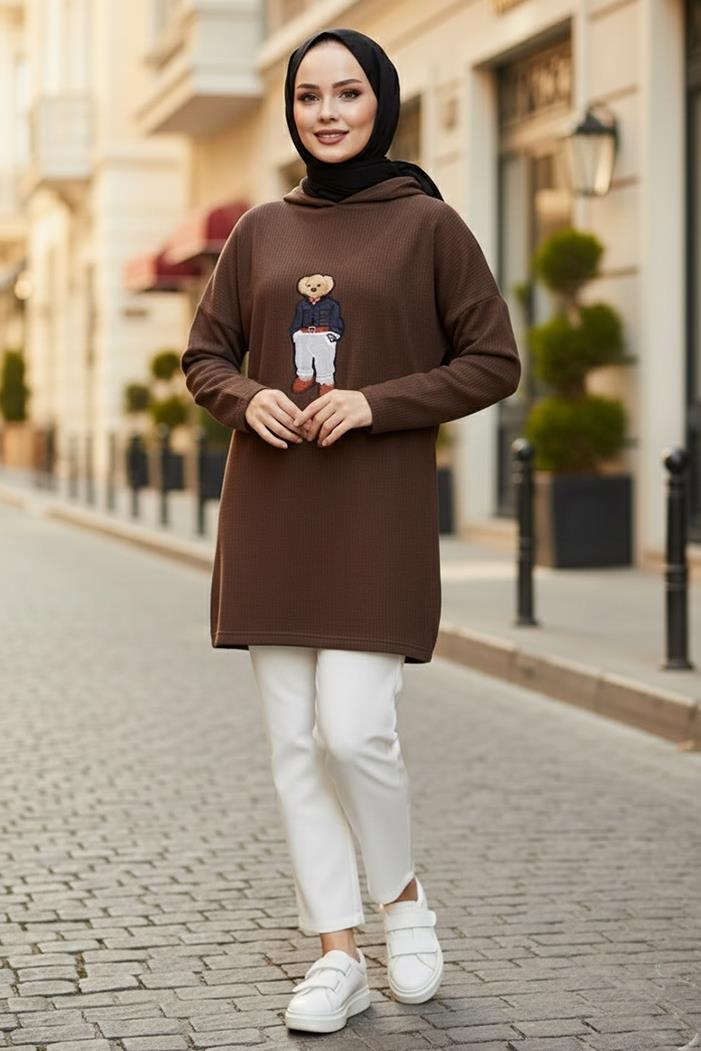 Asiya Oversize Ayı Nakışlı Kapüşonlu Tunik 1335 - Kahve