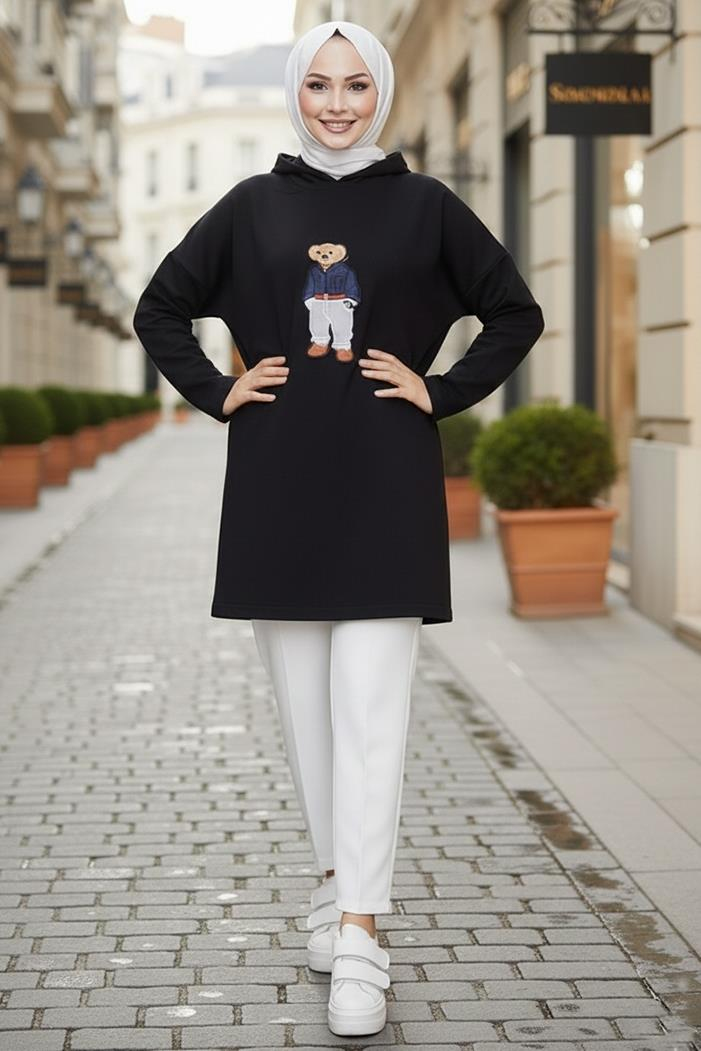Asiya Oversize Ayı Nakışlı Kapüşonlu Tunik 1335 - Siyah
