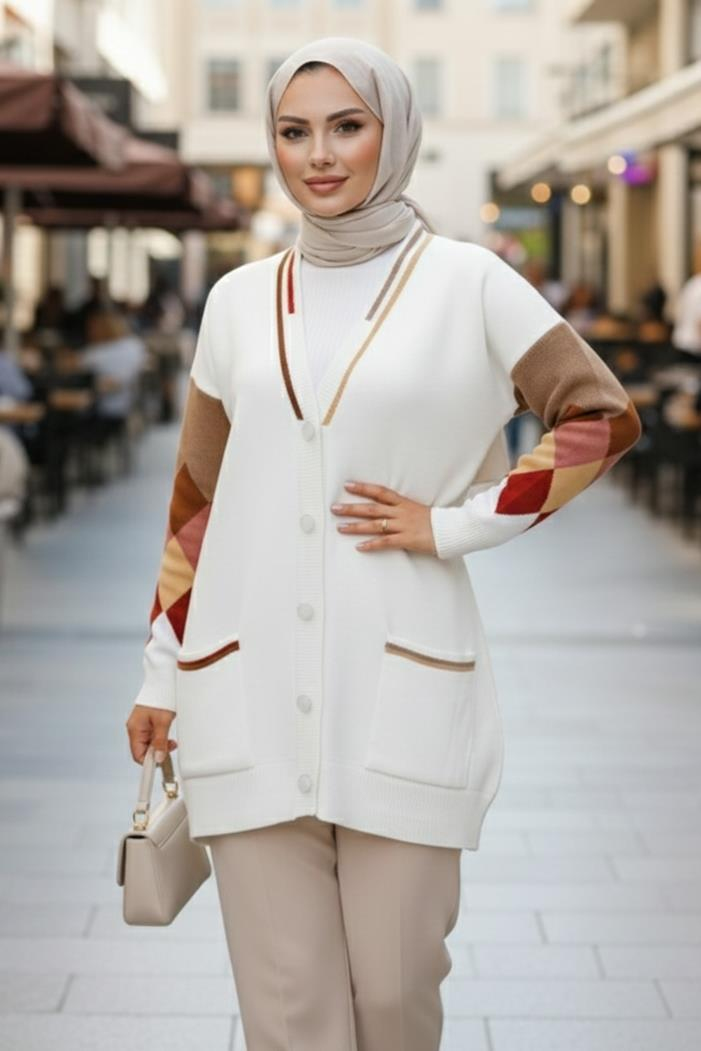 Baklava Desen Triko Hırka 1243 - Beyaz