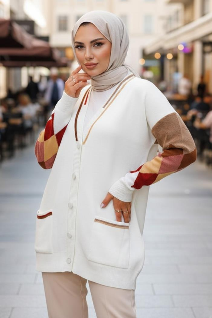 Baklava Desen Triko Hırka 1243 - Beyaz