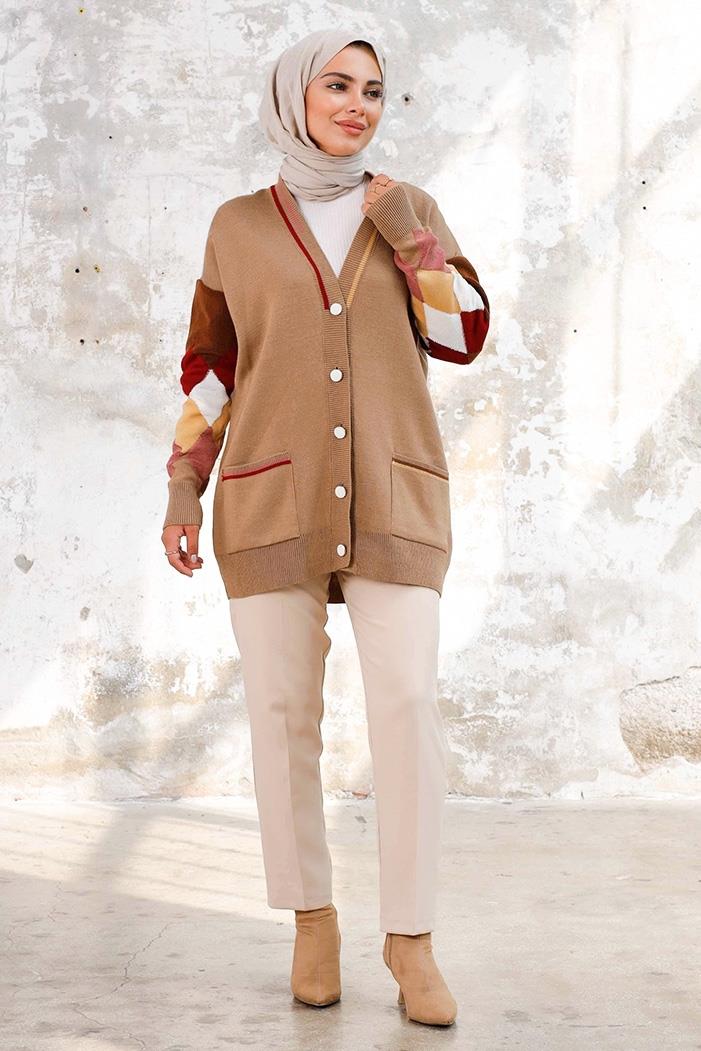 Baklava Desen Triko Hırka 1243 - Vizon