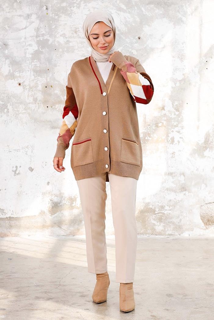 Baklava Desen Triko Hırka 1243 - Vizon