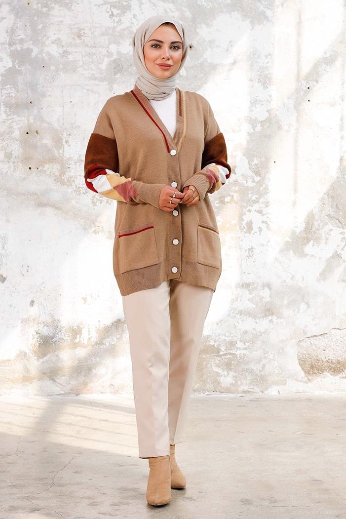 Baklava Desen Triko Hırka 1243 - Vizon