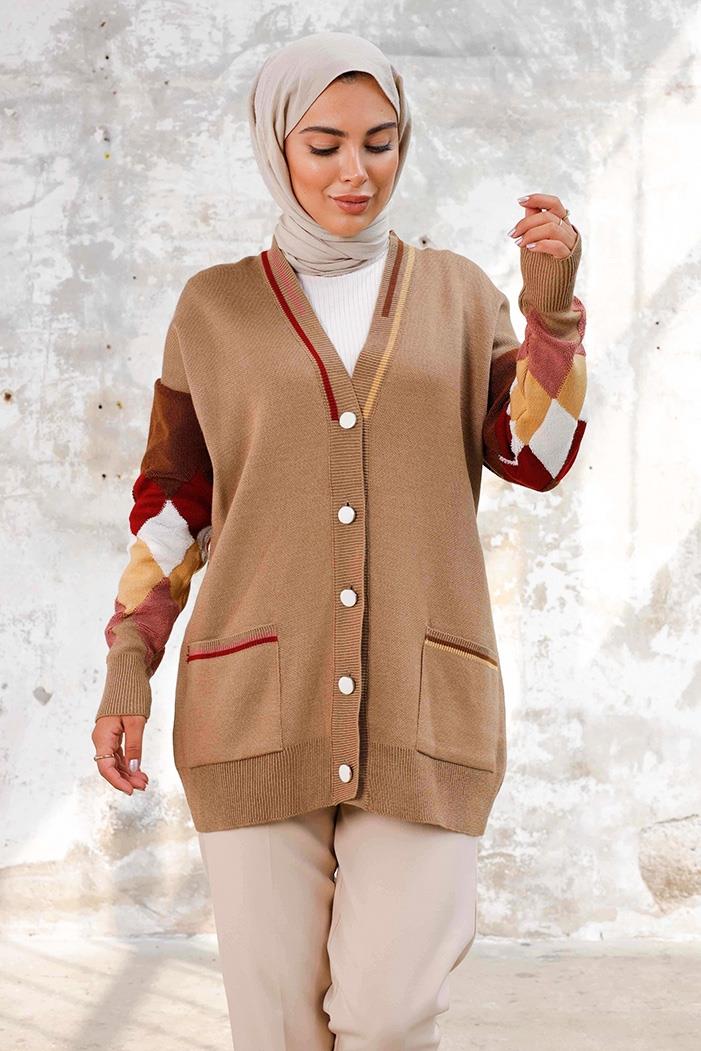 Baklava Desen Triko Hırka 1243 - Vizon