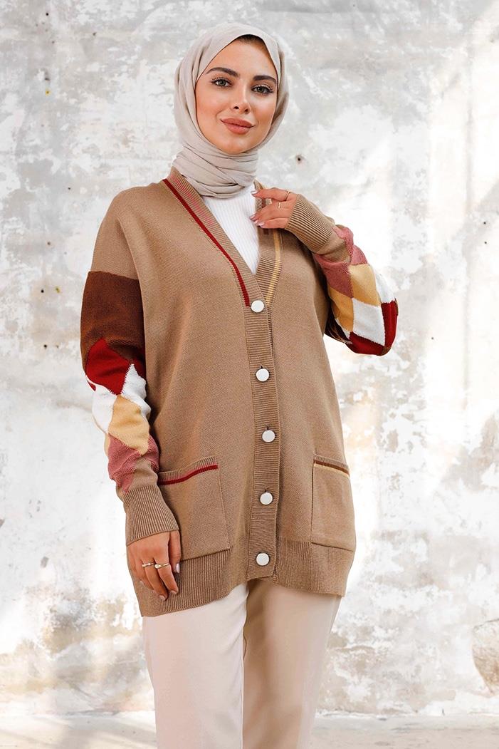 Baklava Desen Triko Hırka 1243 - Vizon