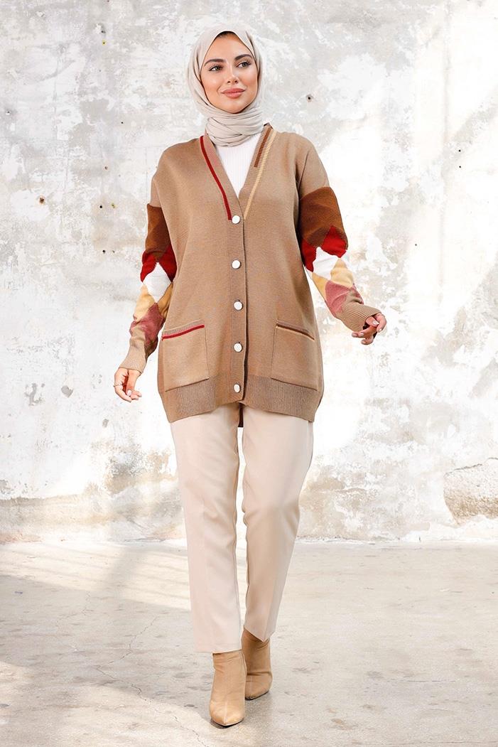 Baklava Desen Triko Hırka 1243 - Vizon