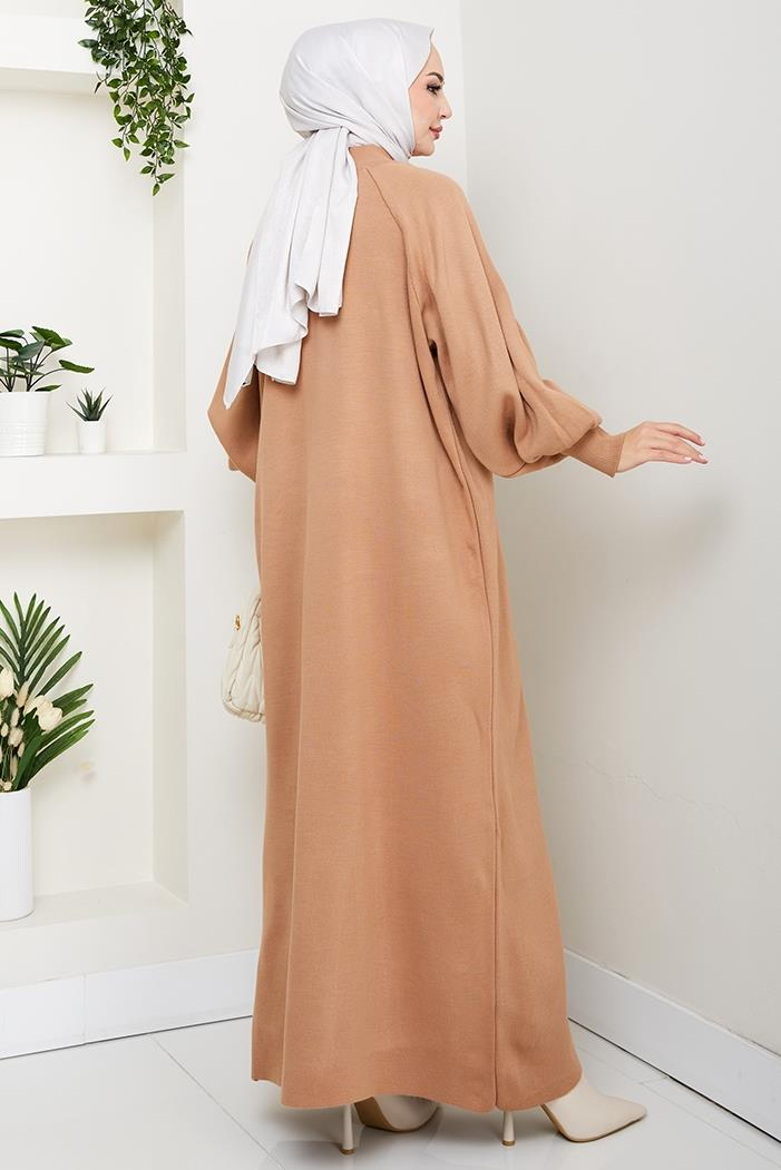 Balon Kol Triko Elbise 1600 - Açık Kahve