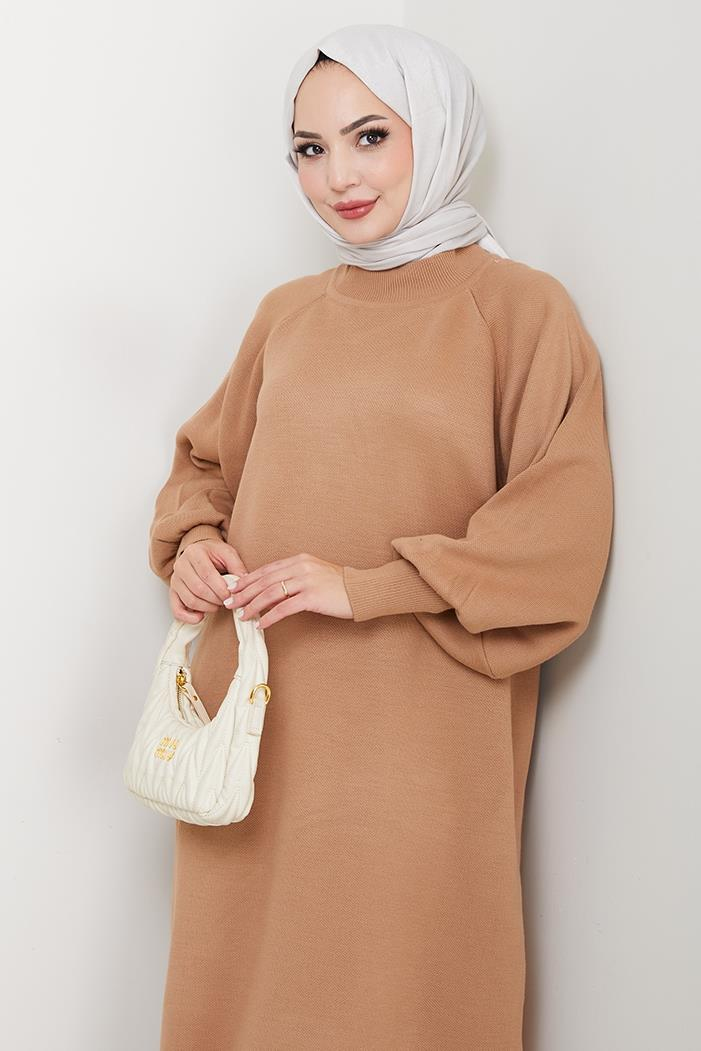 Balon Kol Triko Elbise 1600 - Açık Kahve