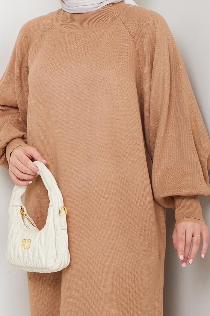 Balon Kol Triko Elbise 1600 - Açık Kahve