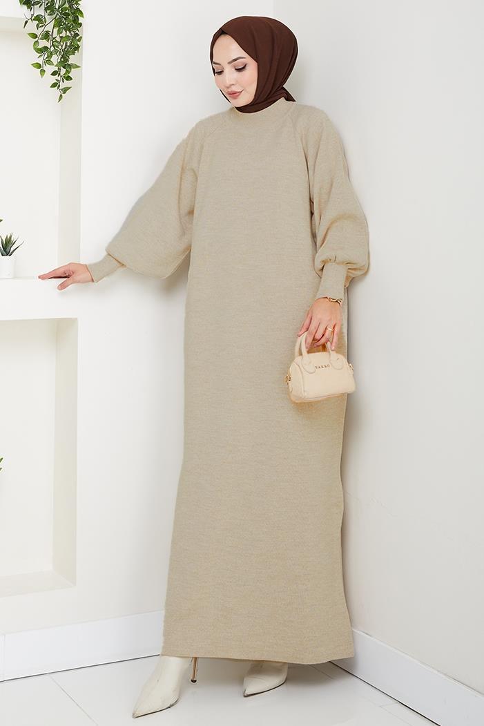 Balon Kol Triko Elbise 1600 - Vizon