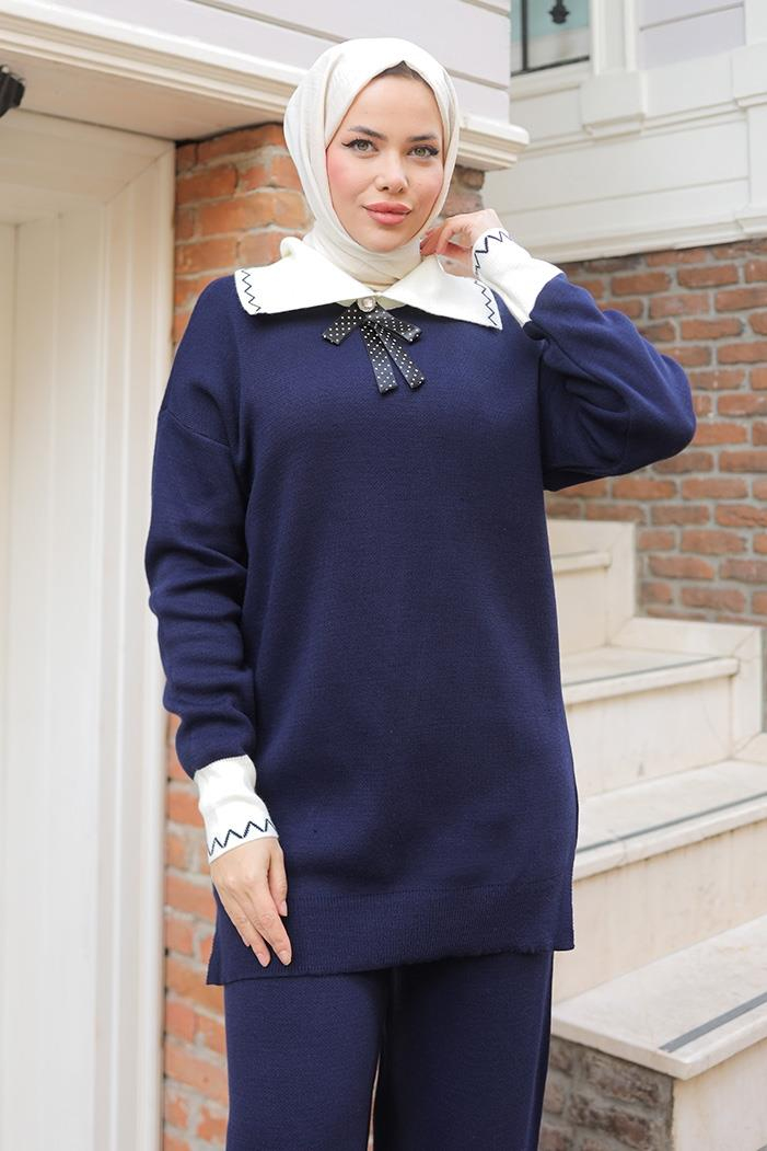 Bebe Yaka Tunik Pantolon Triko Takım 1300 - Lacivert