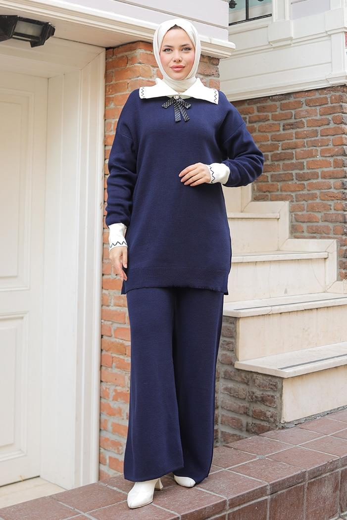 Bebe Yaka Tunik Pantolon Triko Takım 1300 - Lacivert